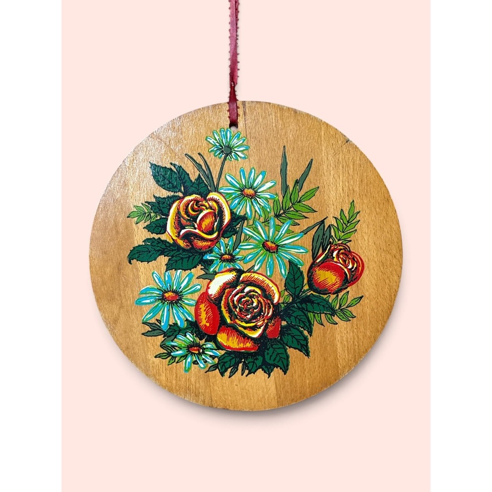 Vintage Round Wood Floral Trivet Yugoslavia Wall Plaque Cottagecore Rose 8"